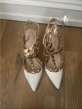 BCBGeneration White Pointed-Toe Studded Strap Heels